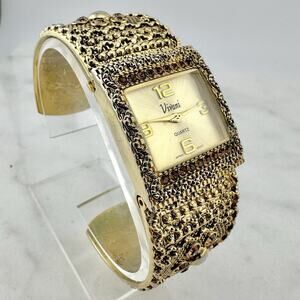 Vivani Cuff Watch Women Crystals / Gold Tone 29mm - Working - Has New Battery